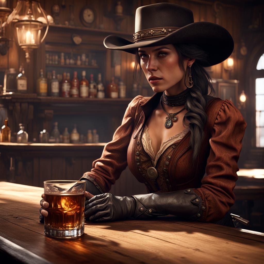 Gunslinger in Old Western Saloon: Detailed Matte Painting