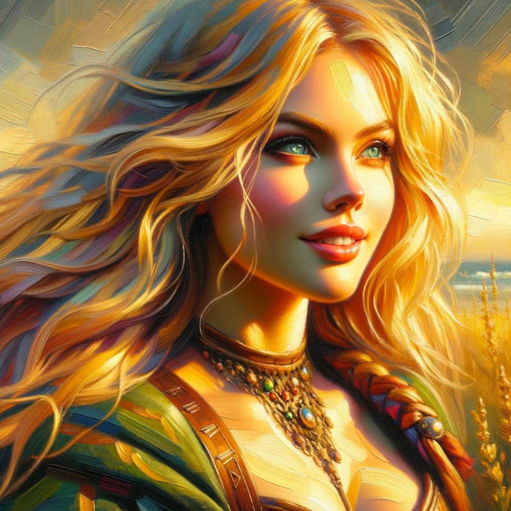 Radiant Norse Goddess Strolls on Sunset Beach