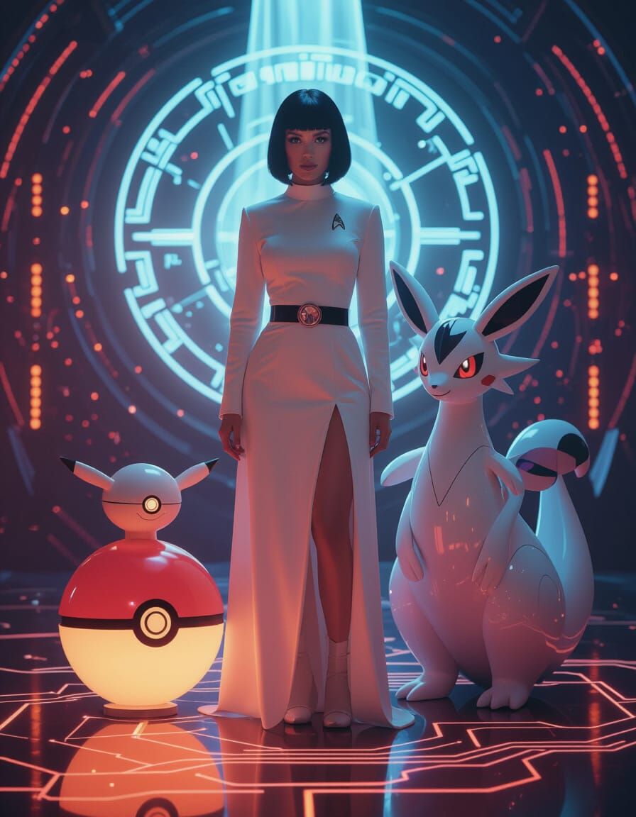 Sci-Fi Witch and Pokémon in Ethereal Glow