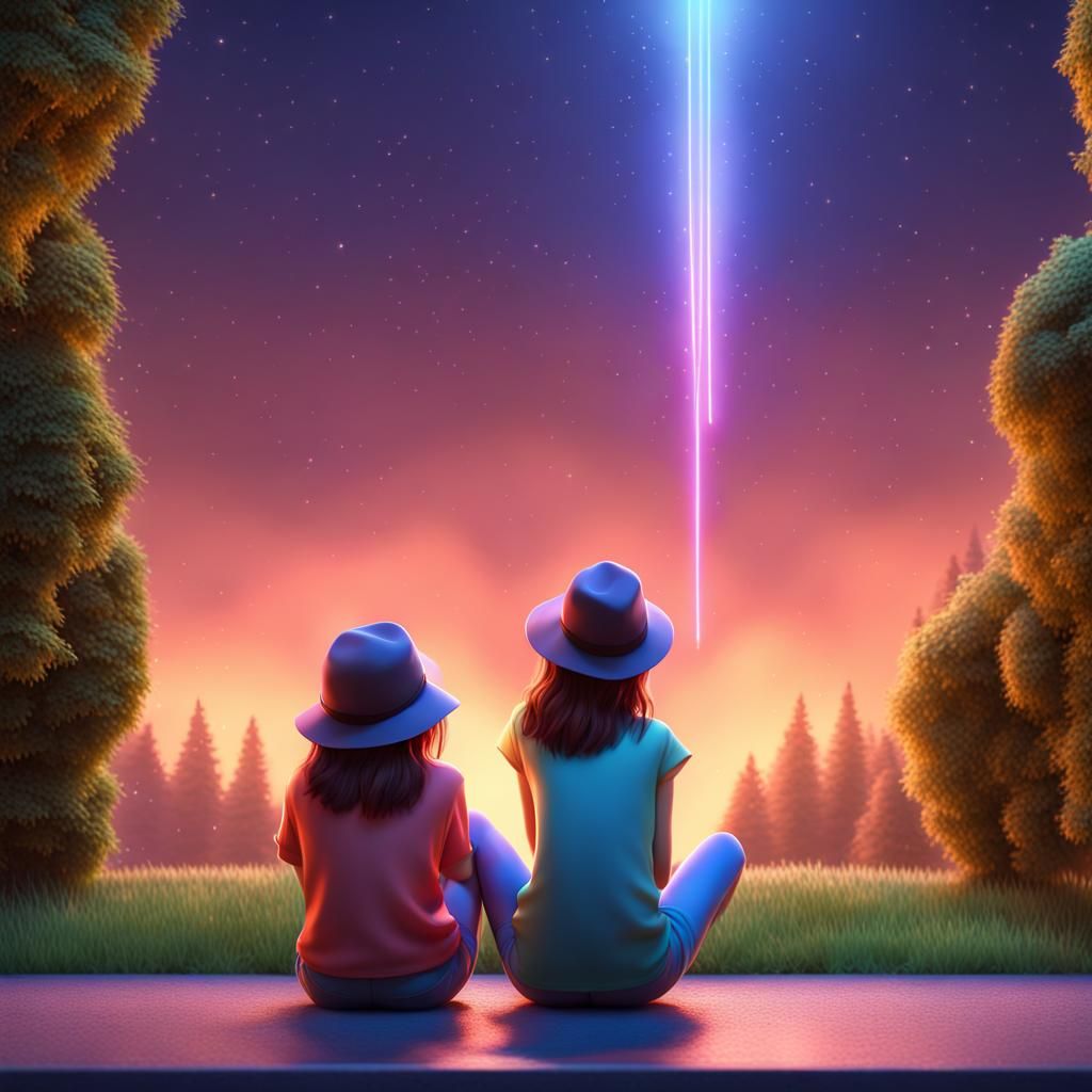 Girls Watching Shooting Star in 3D Digital Art