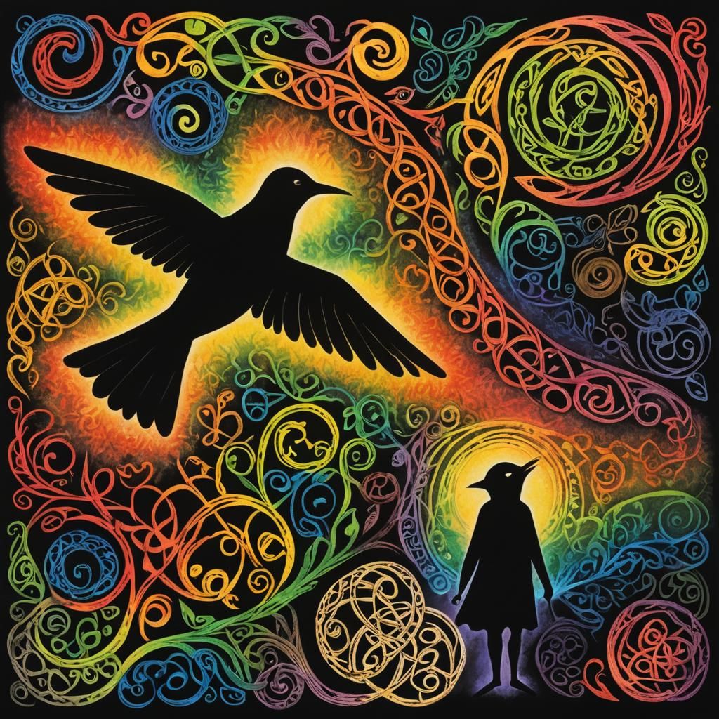 Celtic Fairy Bird Silhouette in Childlike Style