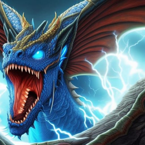 Detailed Blue Dragon with Electric Beam, Digital Painting