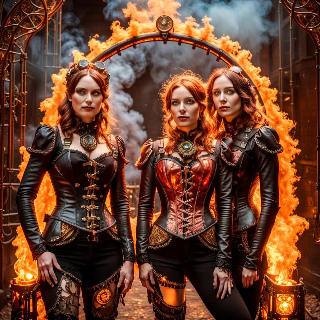 Steampunk Women Emerge from Flaming Stargate