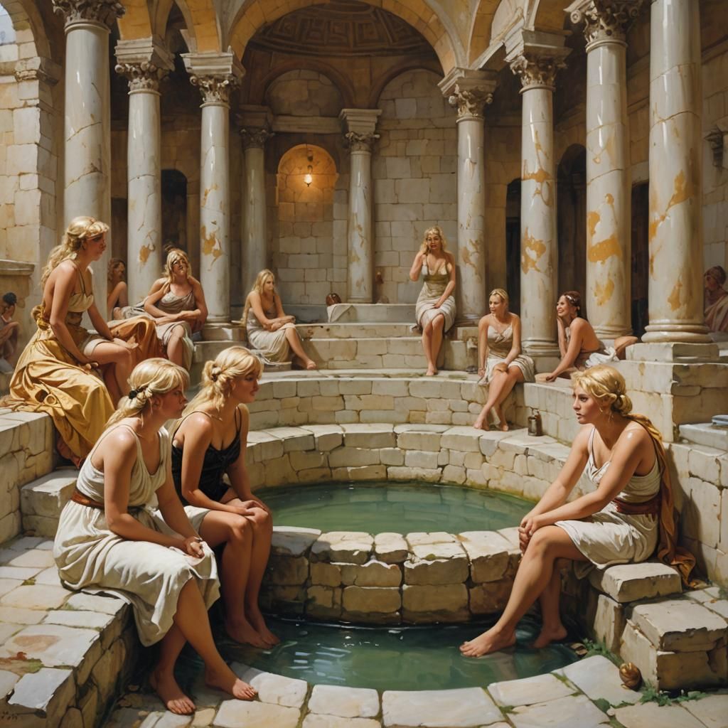 Roman Bathhouse Scene in Oil Painting Style