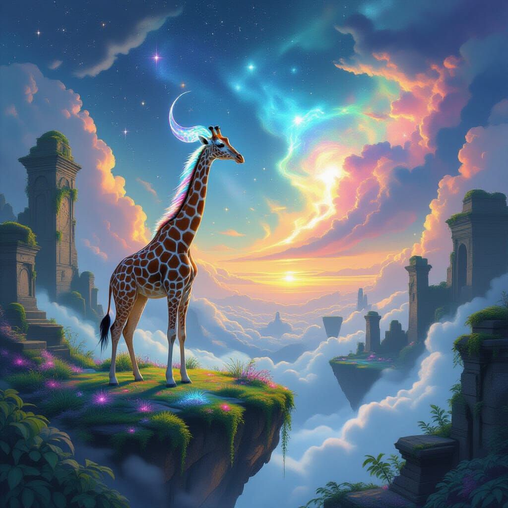 Giraffe with Crystal Horn Gazes at Alien Nebula on Floating ...