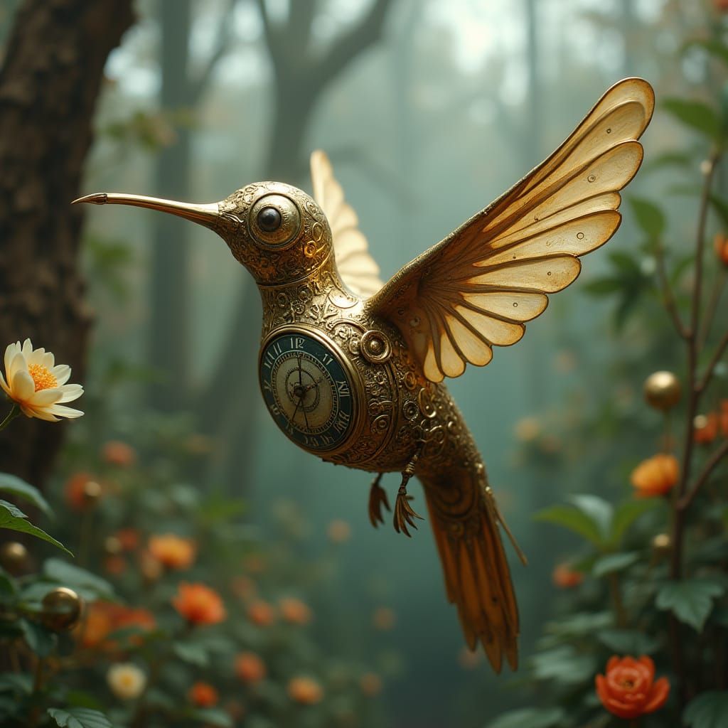 Whimsical Clockwork Hummingbird in Steampunk-Inspired Solarp...