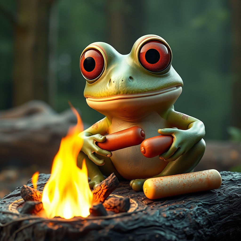Cartoon Frog Cooks Hotdogs: 3D Render in 8K