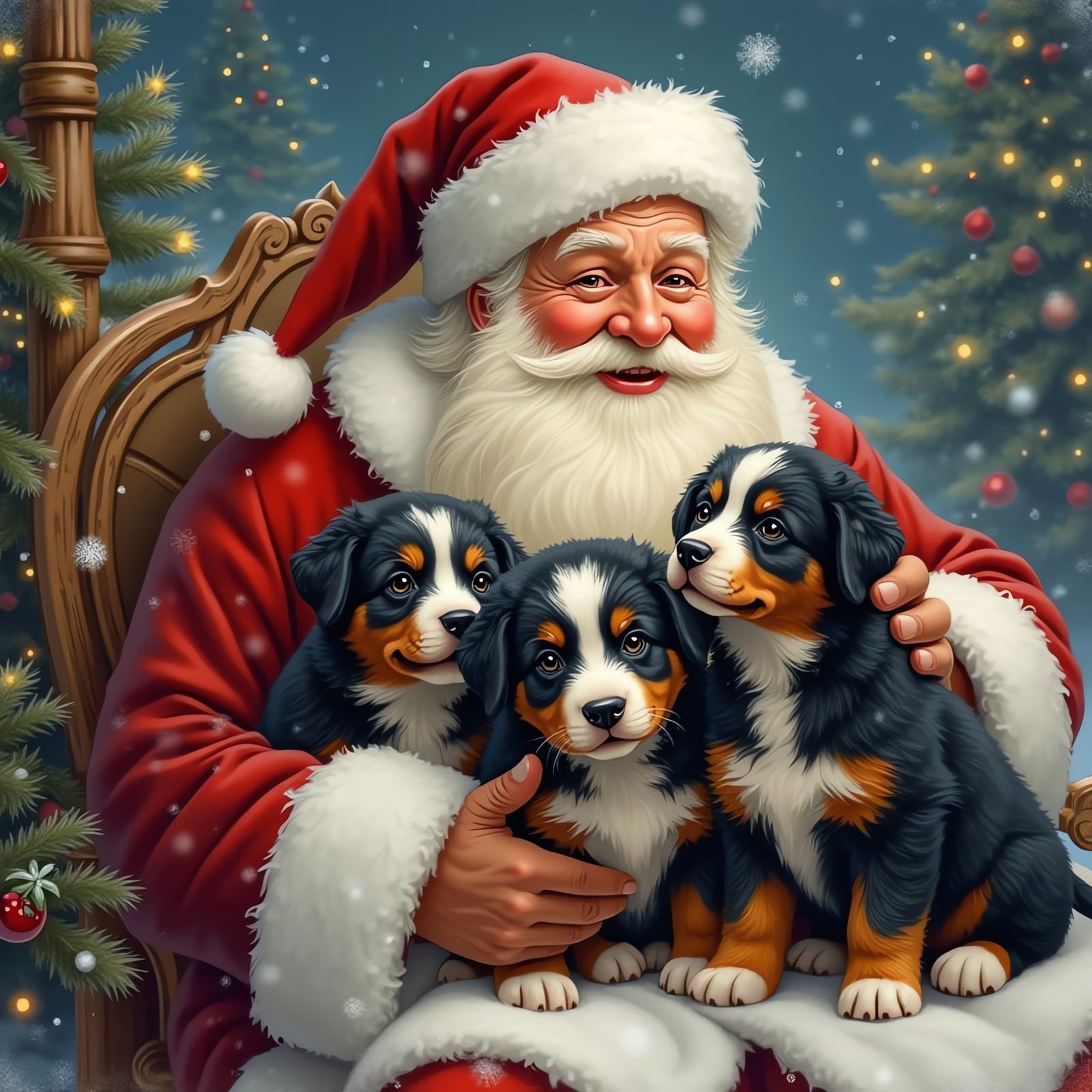 Jolly Santa Claus Surrounded by Adorable Bernese Mountain Pu...