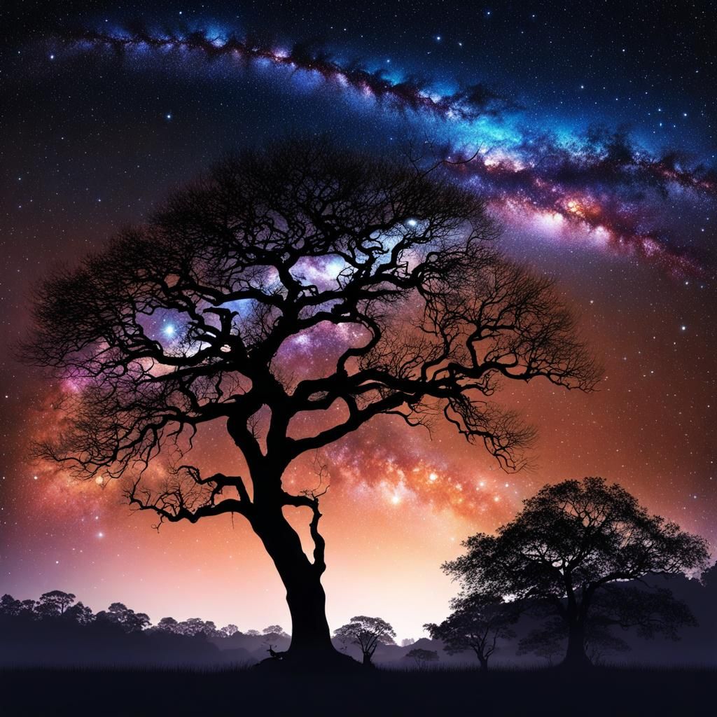 Anime Silhouette Tree Against Starry Night Sky