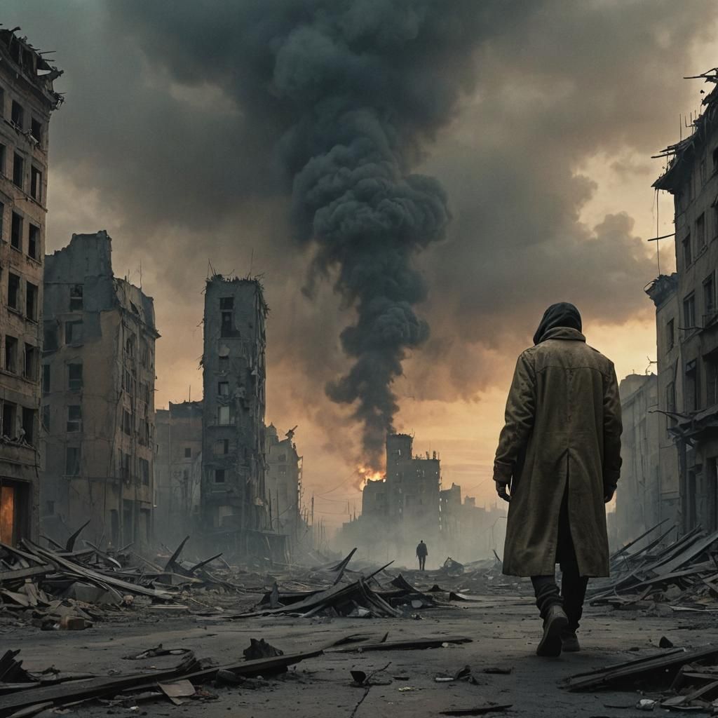 Post-Apocalyptic Survivor in Ruined Cityscape