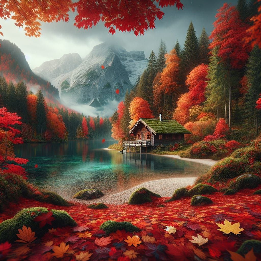 Autumn Cabin in Woodland Lake: Fantasy Matte Painting