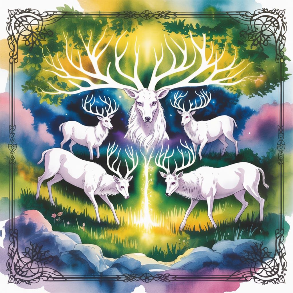 Glowing Stags Graze at Yggdrasil in Watercolor