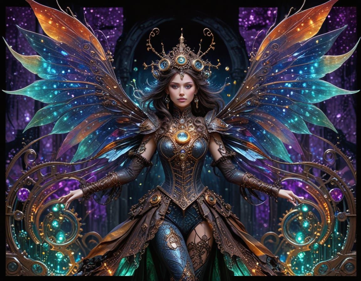 Steampunk Fairy Wizard in Castle Ruin with Magical Aura