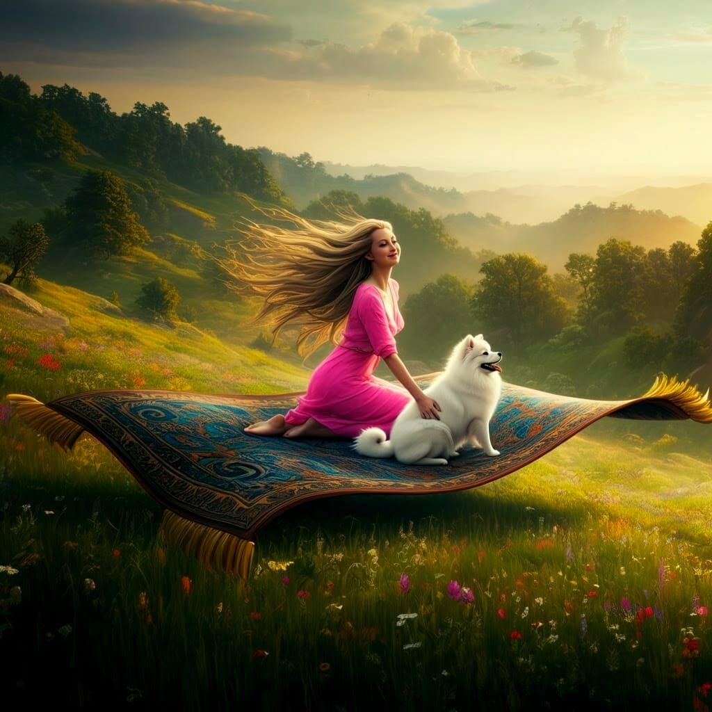 Joyful Woman and Puppy Ride Magical Carpet Over Enchanted La...
