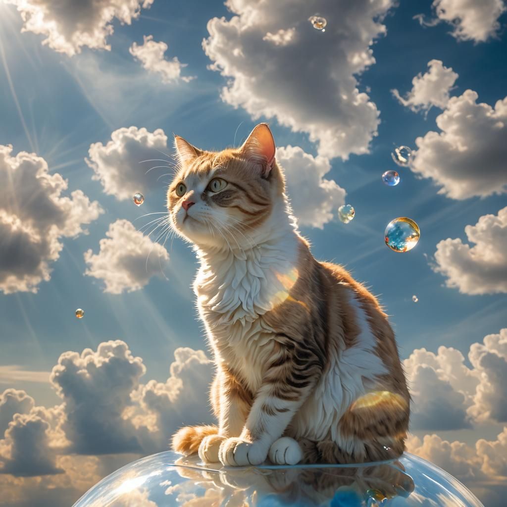 Glass-Blown Cat on Clouds with Soft Glow