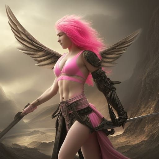 Pink-Haired Female Warrior Angel: Digital Matte Painting