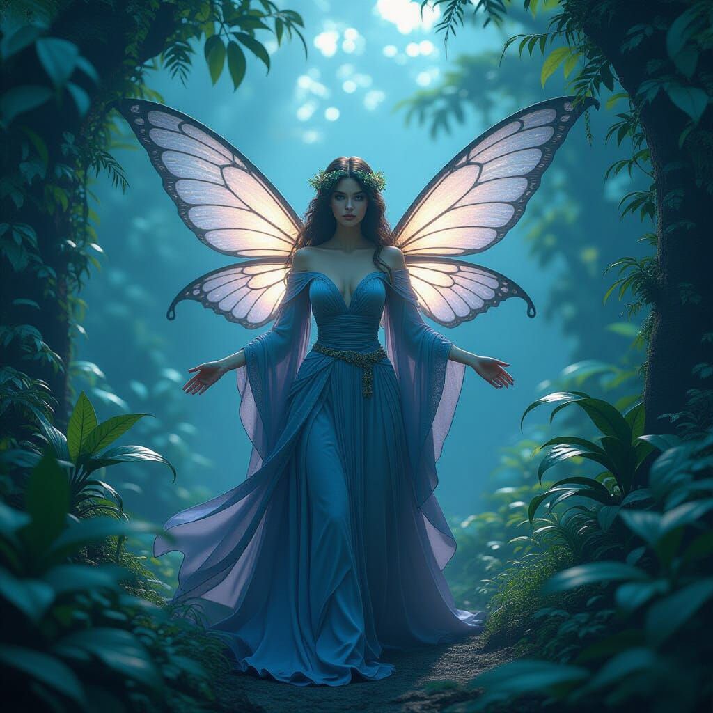 Air Fairy Amidst Lush Foliage in Deep Blues and Purples