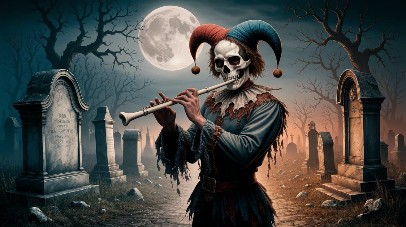 Ethereal Macabre Jester in a Haunting Moonlit Graveyard