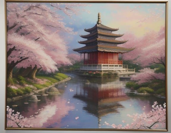 Cherry Blossom Tree by Pagoda in Impressionist Style