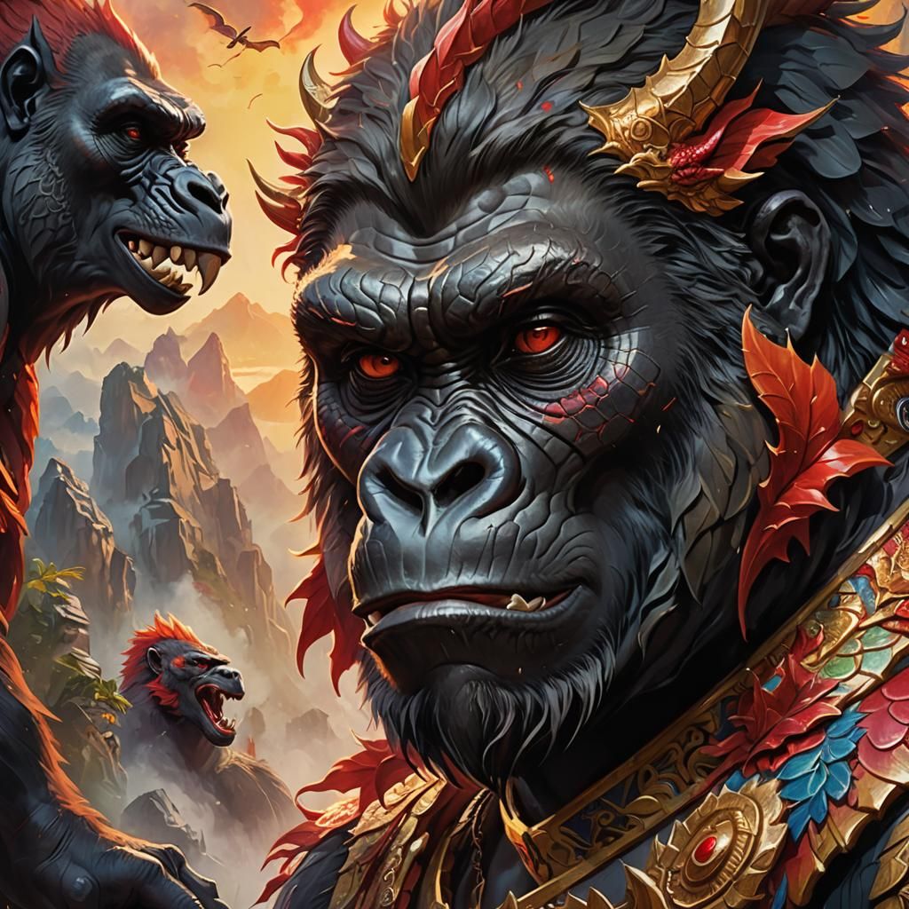 Gorilla with Dragon in Detailed Fantasy Art