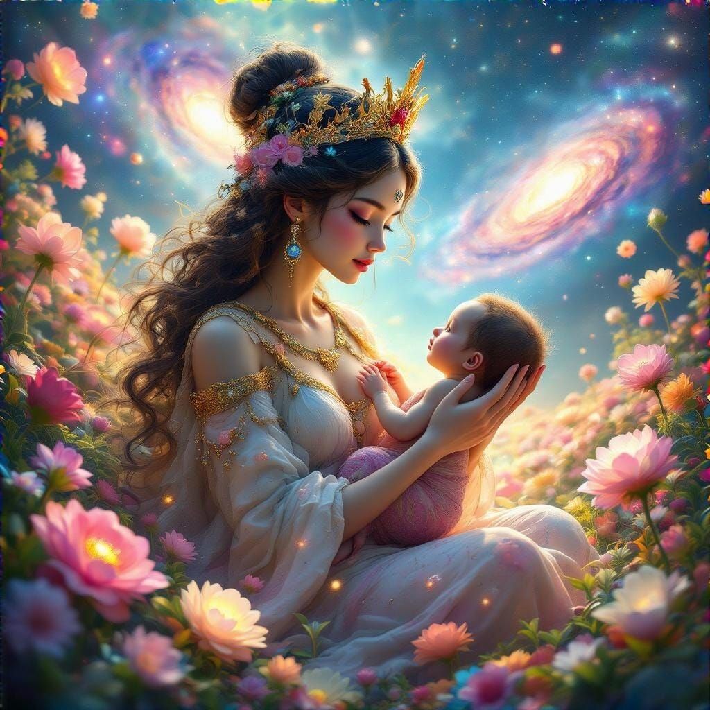 Cosmic Queen Enchants with Celestial Blooms and Baby