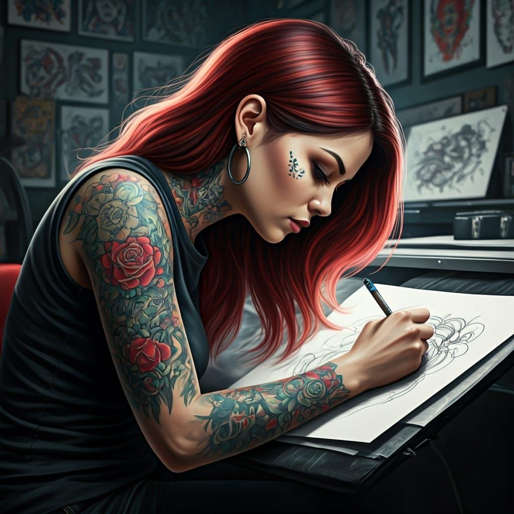 Hyperrealistic Tattoo Artist Drawing in Studio