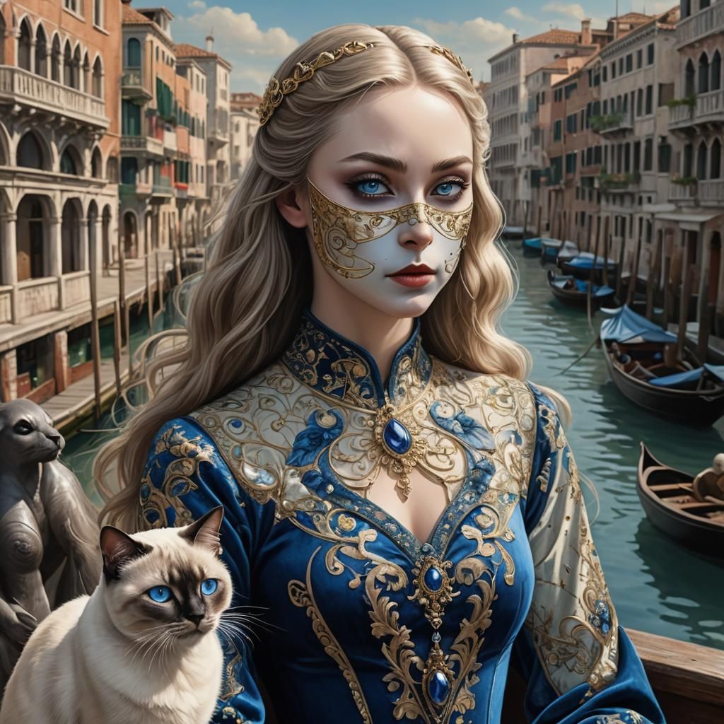 Girl with Siamese Mask in Venice, Art Nouveau Style