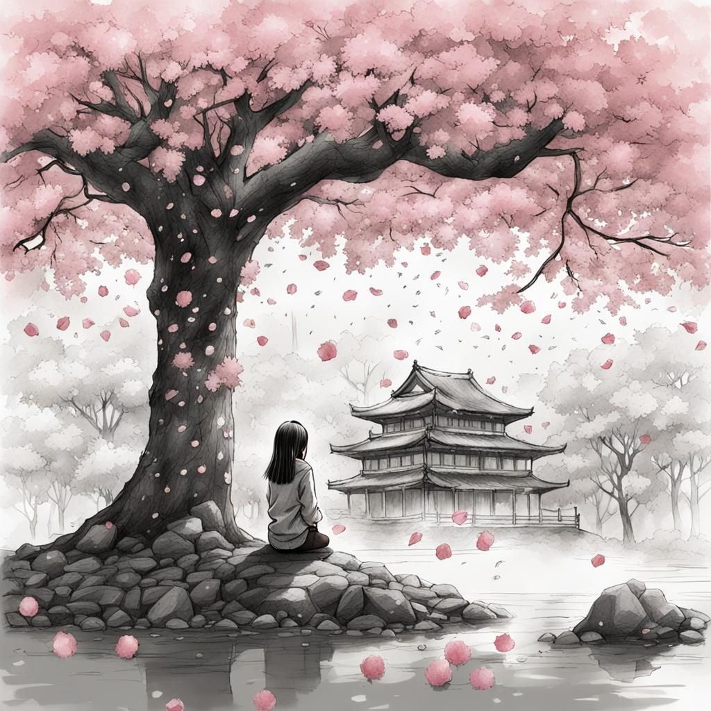 Girl Waits Under Sakura Tree: Ink Sketch