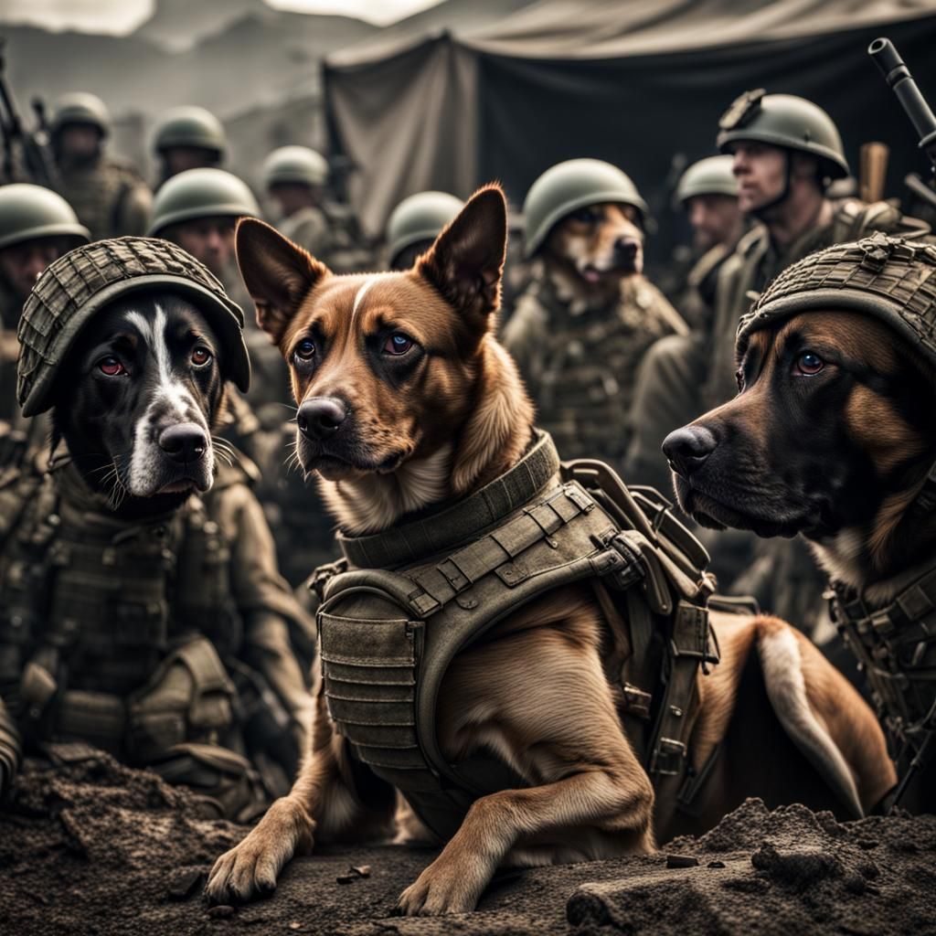 Hyperrealistic Dogs of War in Cinematic Style