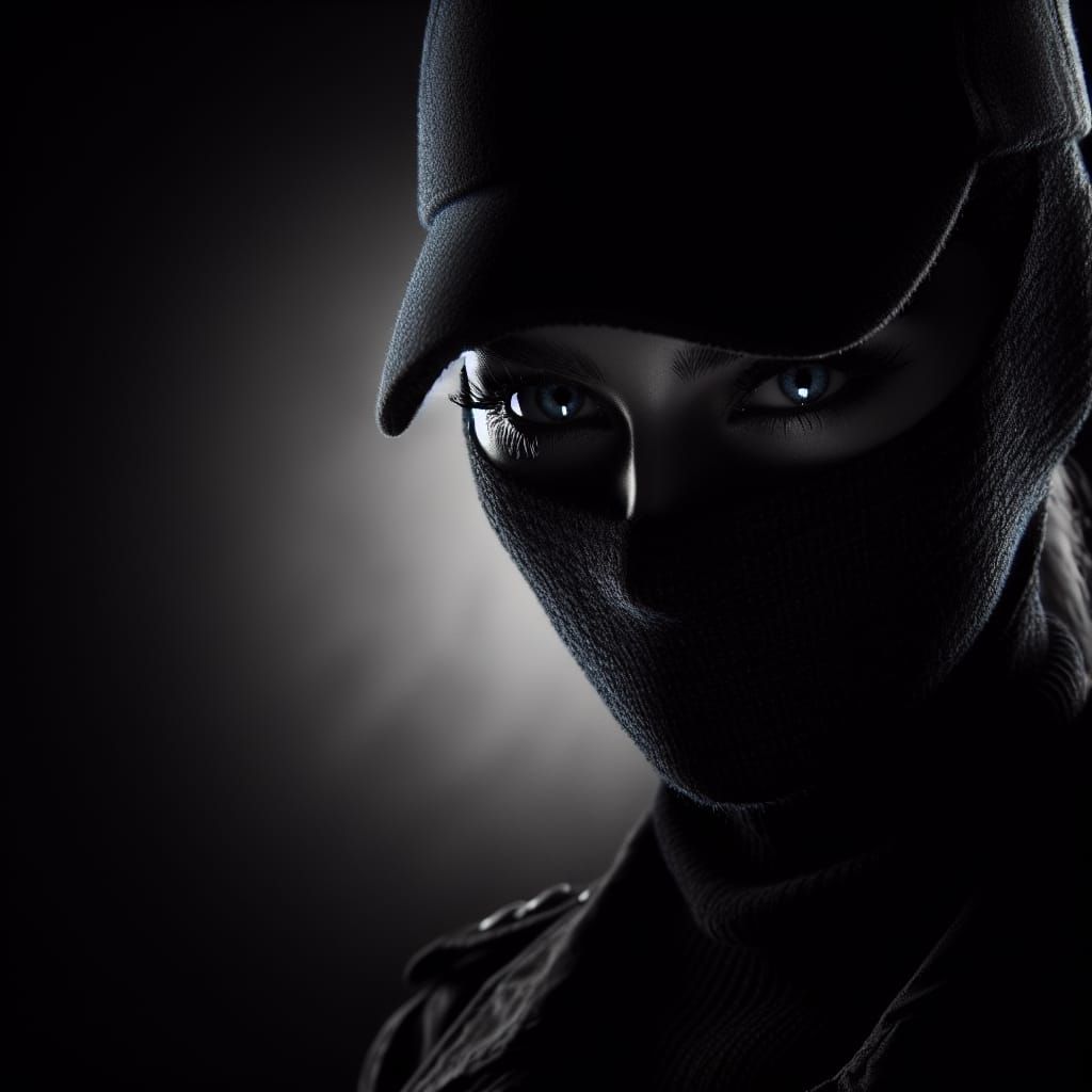 Female Spy Silhouette with Blue Eyes in Shadows