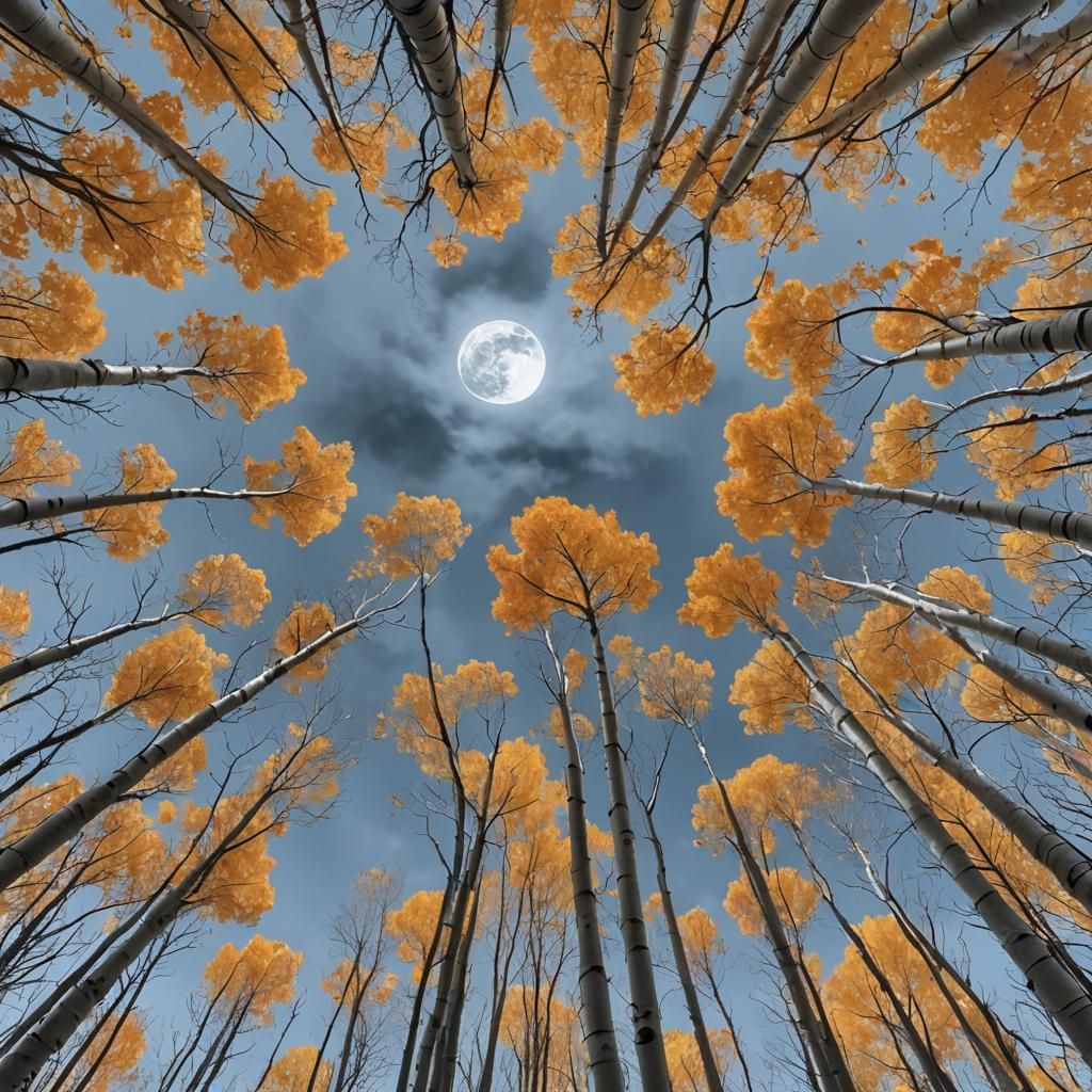 Aspen Trees Circle Moon in Autumn Sky