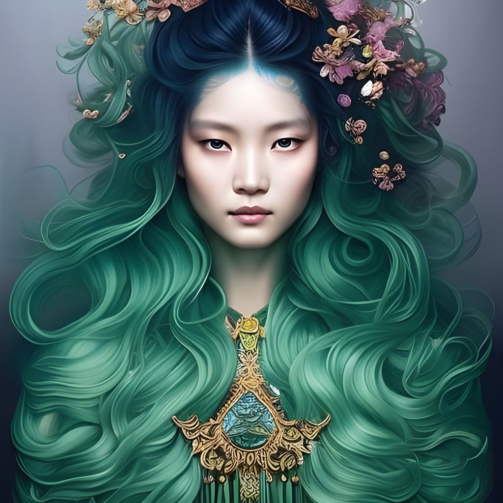 Hmong Woman with Green Hair: Digital Astral Portrait