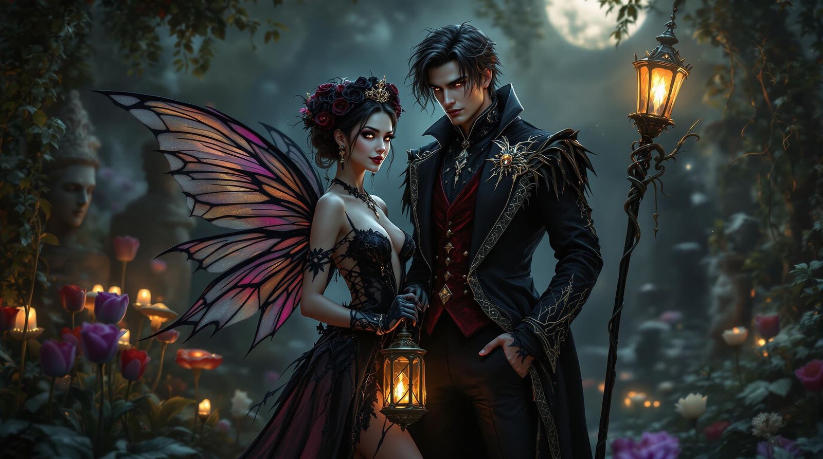 A dangerously charming gothic fairy couple standing in a moo...
