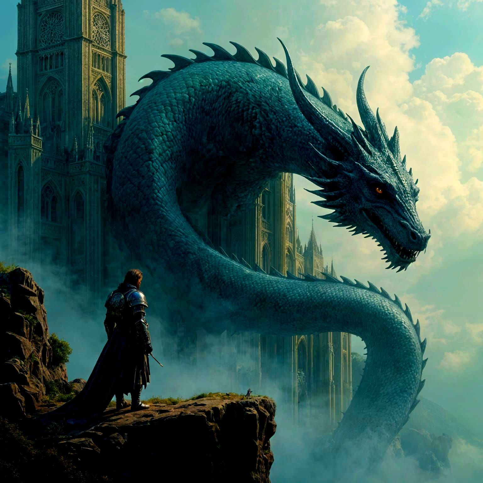 A lone medieval knight stands on a windswept cliff, his armo...