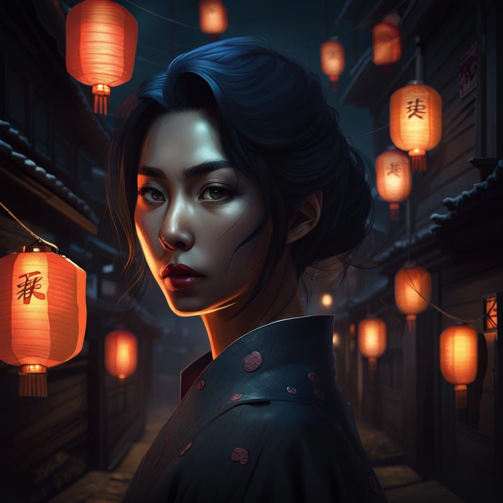 Woman in Japanese Alleyway Lit by Lanterns