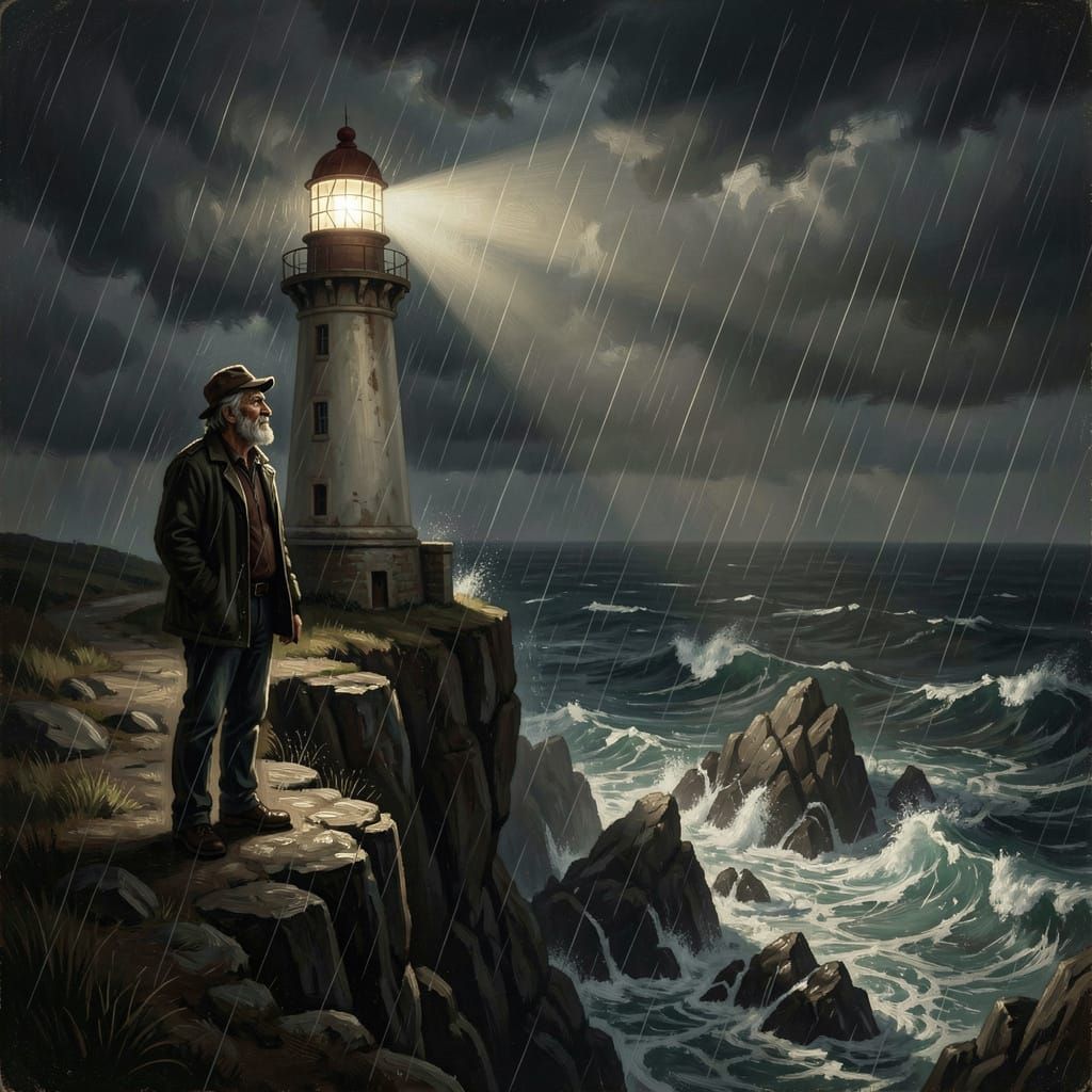Lighthouse Keeper in Stormy Seas, Dramatic Chiaroscuro Style