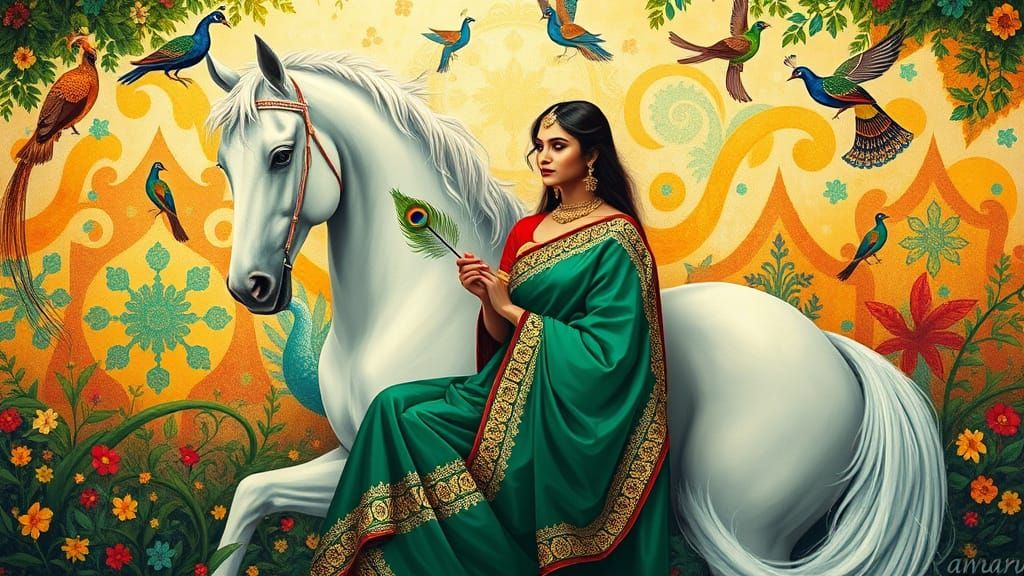 Woman in Elegantly Embroidered Sari, Surrounded by Vibrant I...