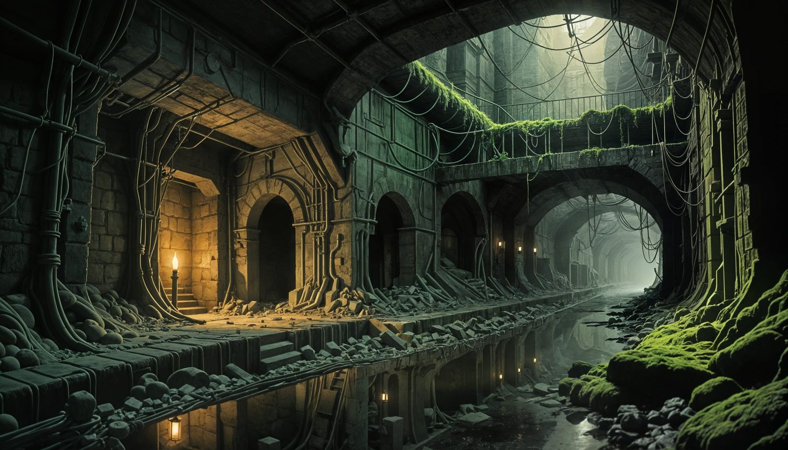 Medieval Sewer Dungeon Scene in Mysterious Green Tunnels