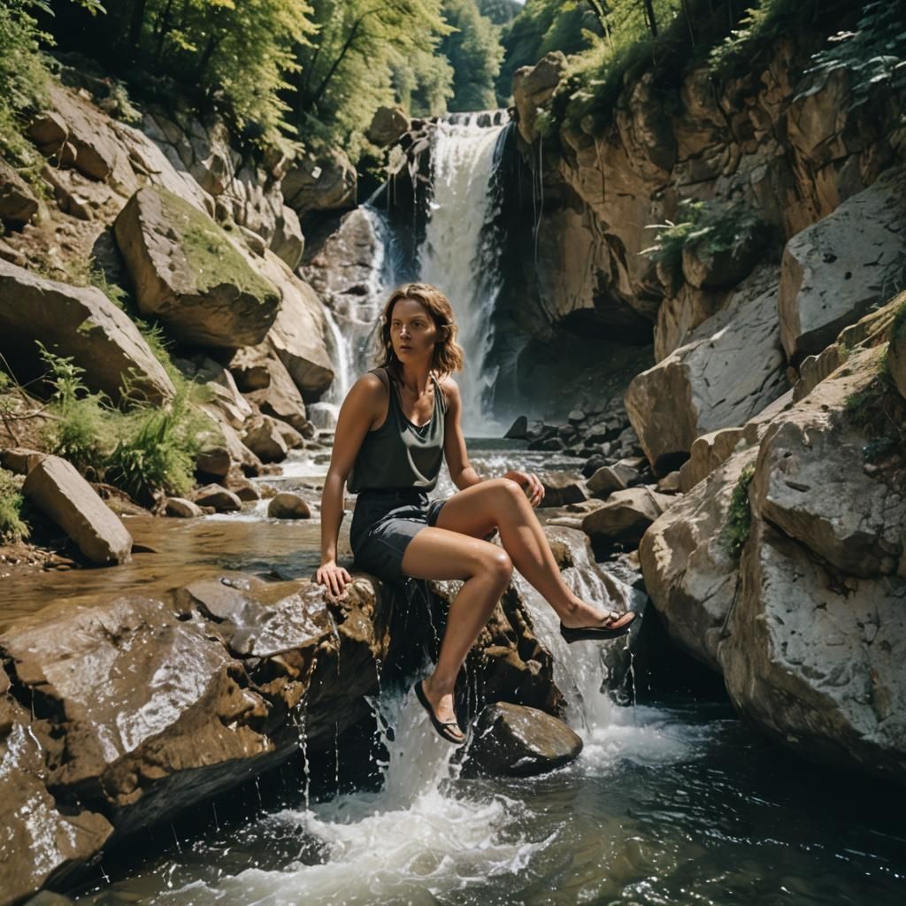 Young Woman at Waterfall Edge: Cinematic Film Still