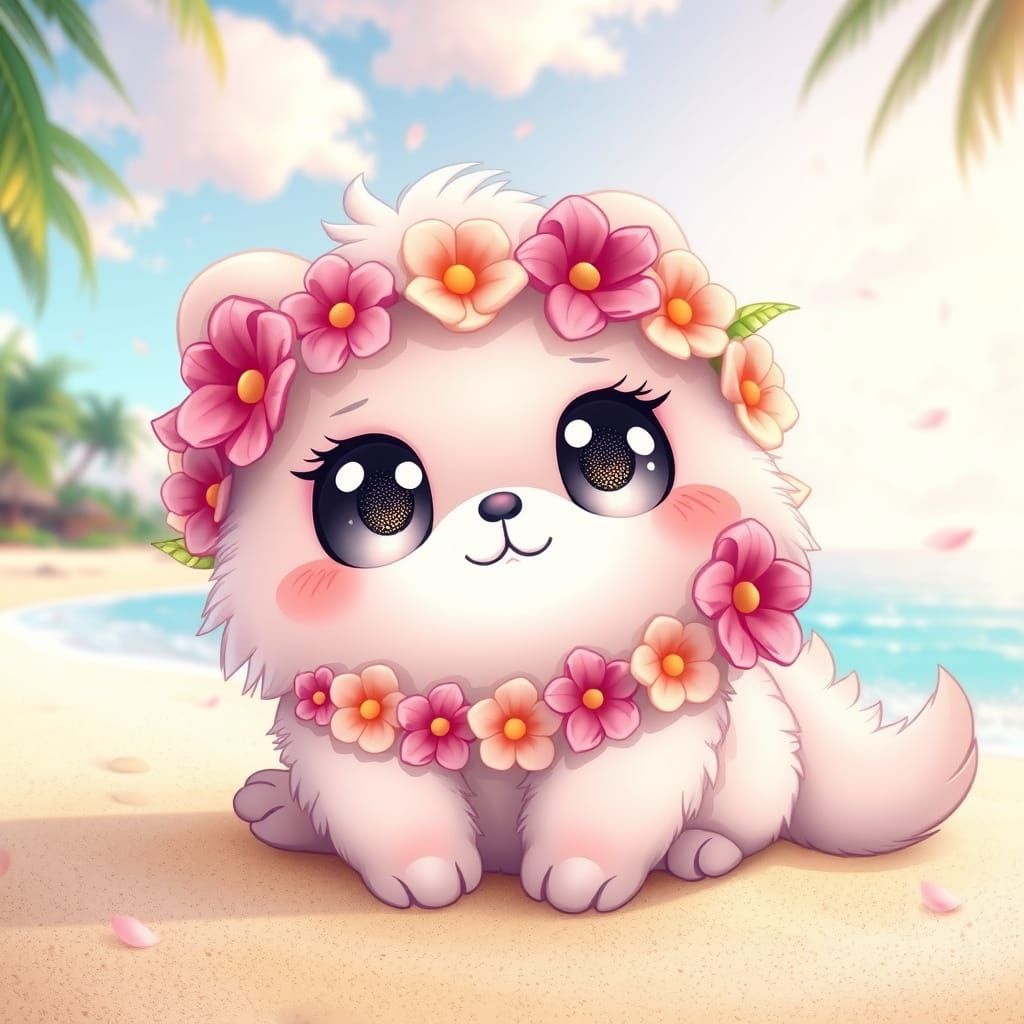 Kawaii Creature Relaxing on Tropical Beach
