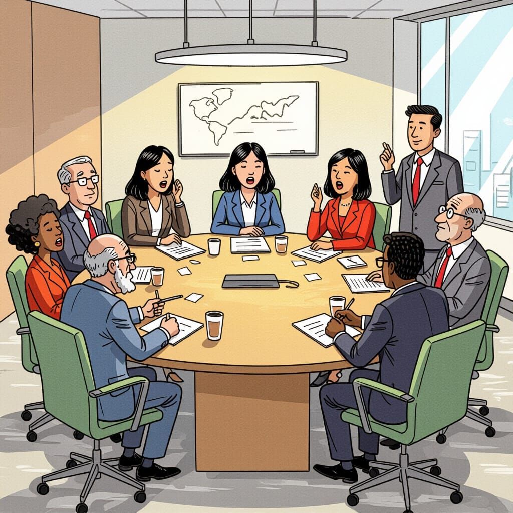 Satirical Cartoon of Chaotic Corporate Meeting Room