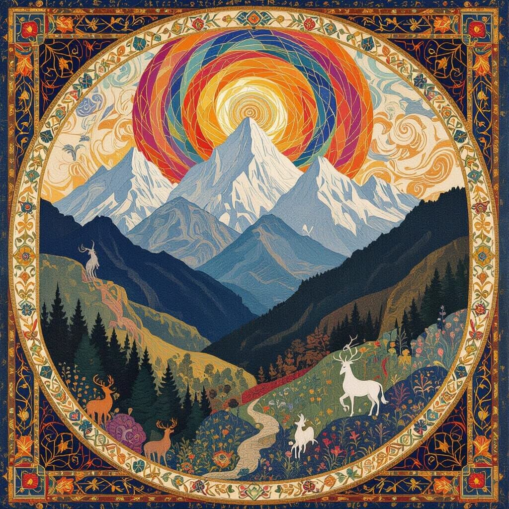 Majestic Mountain Tapestry with Hidden Mythical Creatures