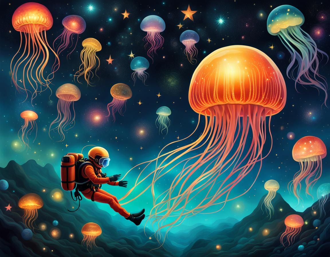 Scuba Diver and Jellyfish in Space: Digital Illustration