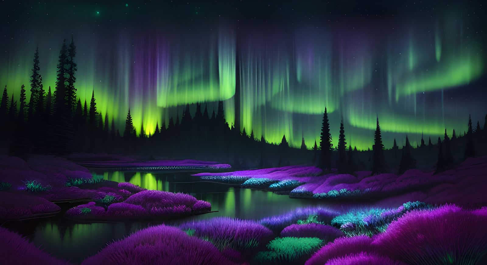 Surreal Northforest Radiant with Aurora-Lit Canopies