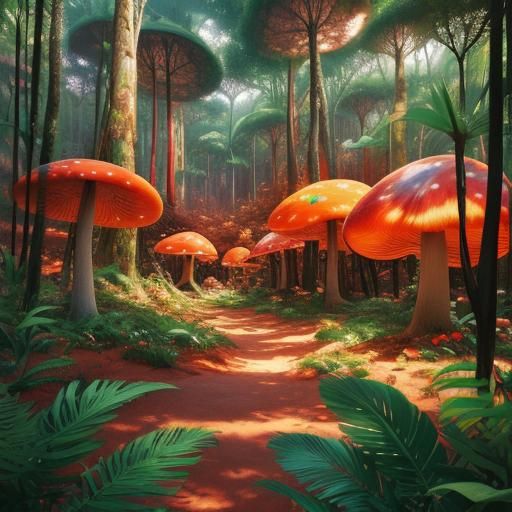 Bizarre jungle on the edge of a red sand desert, with trees ...