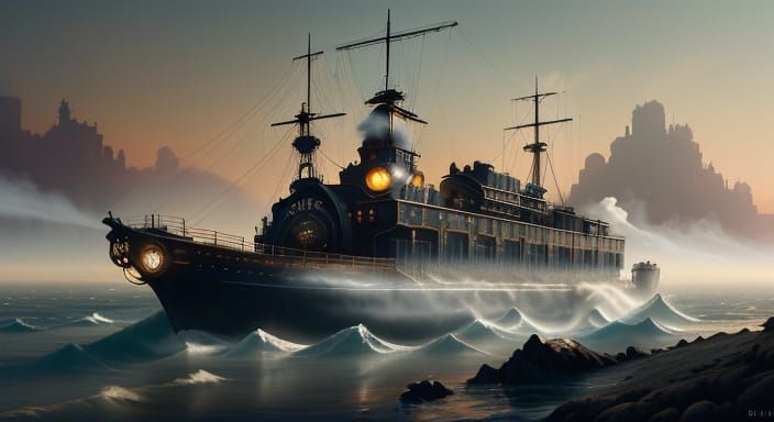 A Steampunk Marvel: Steamboat Chugs Along a Misty River