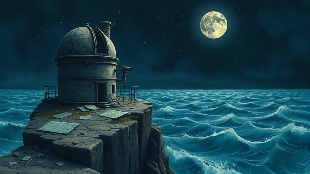 Abandoned Observatory on Windswept Cliff Overlooking Starry ...