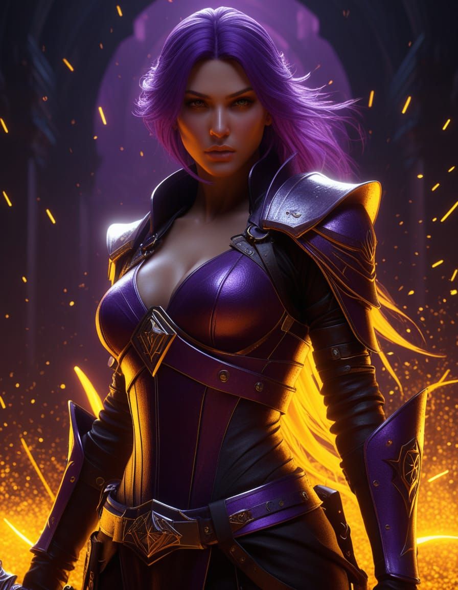 Warrior Woman With Fiery Blade in Monochrome Shadows