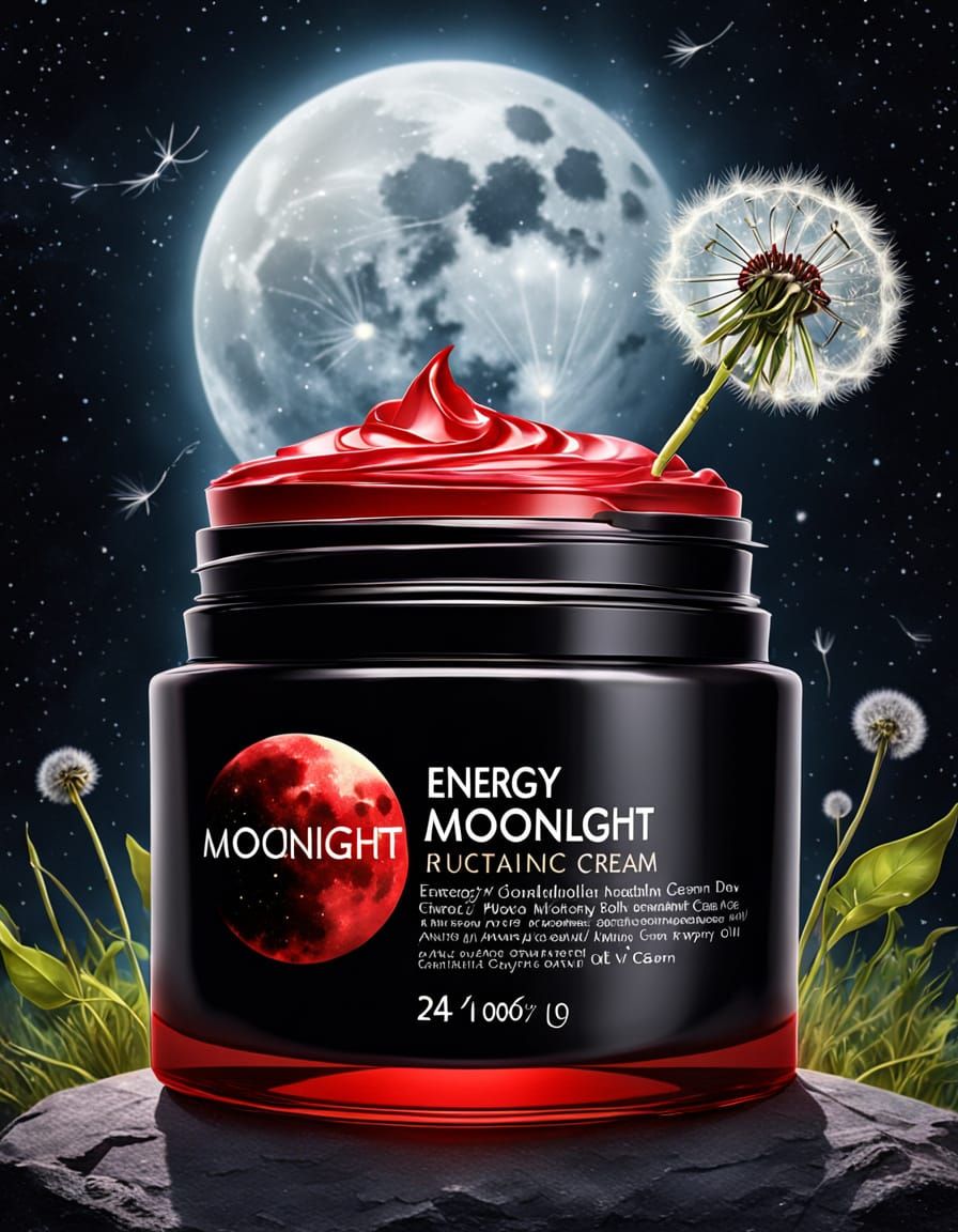 A red and black pot of anti-aging cream labeled "Energy Moonlight" – 100% Celestial Dew, denight cream...Fictional Beaut...