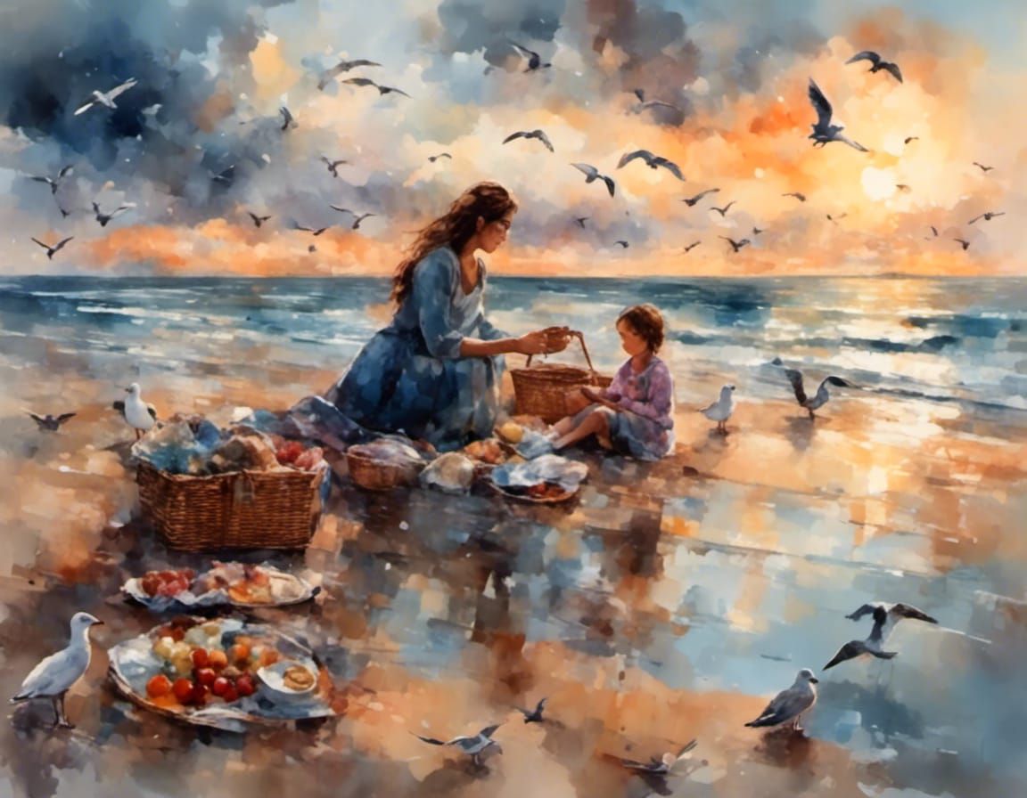 Beach Picnic at Sunset in Watercolor Style